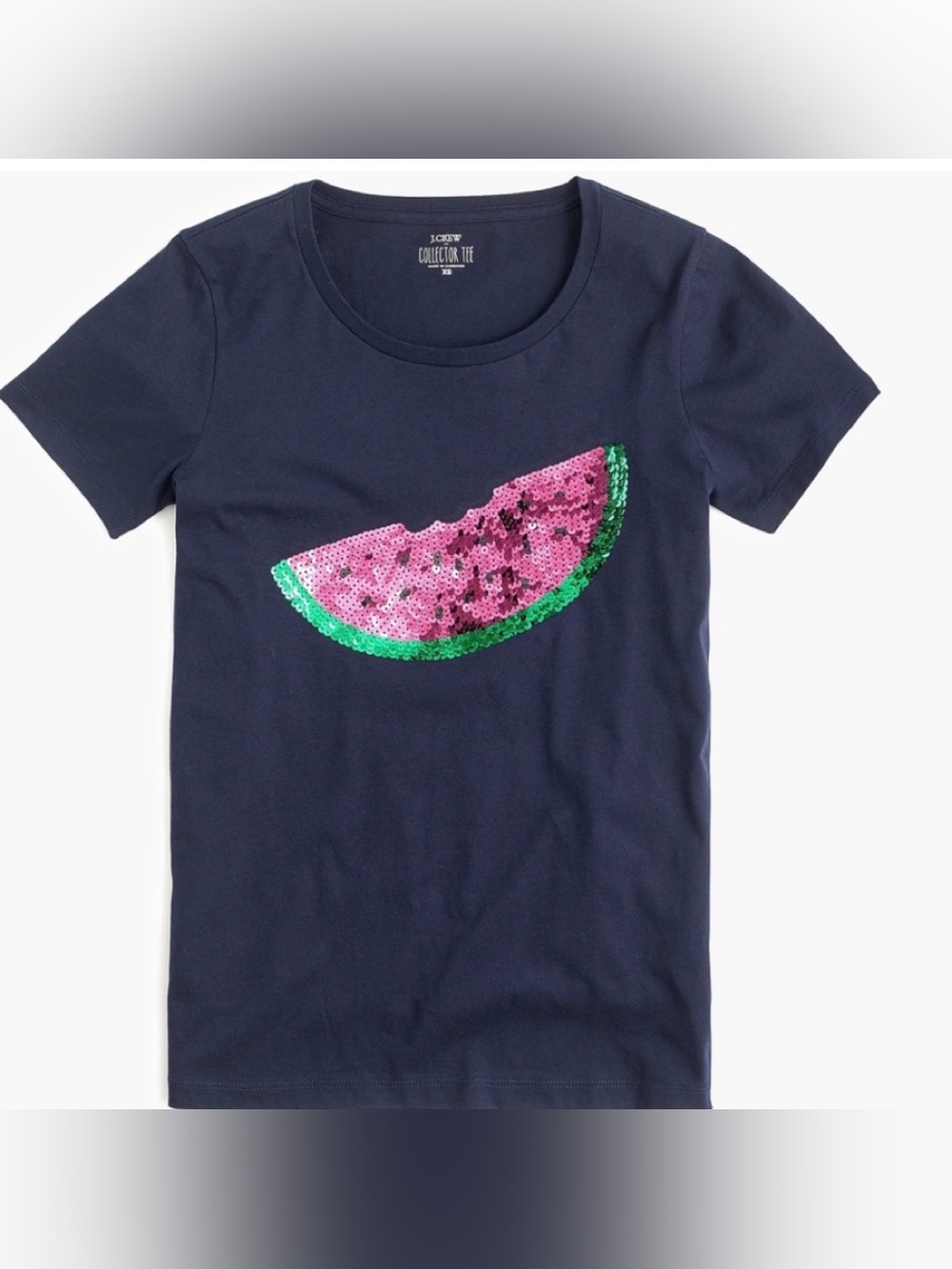 J. Crew Navy Short-Sleeve Tee with Pink & Green Sequin Watermelon